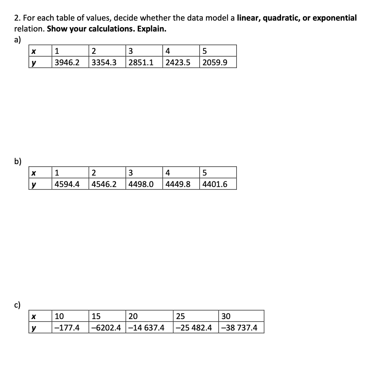 2. For each table of values, decide whether the data model a linear, quadratic, or exponential
relation. Show your calculations. Explain.
а)
1
2
3
4
5
y
3946.2
3354.3
2851.1
2423.5
2059.9
b)
1
2
4
5
y
4594.4
4546.2
4498.0
4449.8
4401.6
c)
10
15
20
25
30
-177.4
-6202.4 -14 637.4
|-25 482.4
-38 737.4
