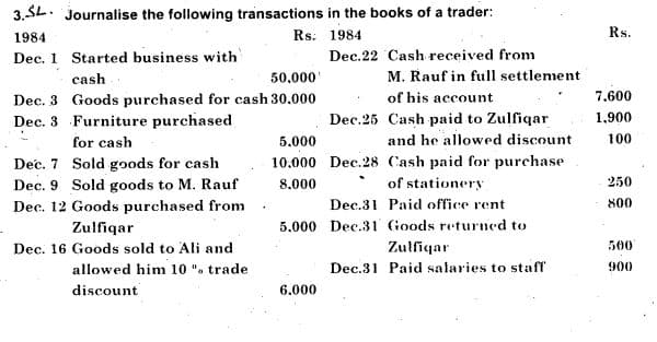 3.SL. Journalise the following transactions in the books of a trader:
1984
Rs: 1984
Rs.
Dec. 1 Started business with
Dec.22 Cash received from
cash
50,000
M. Rauf in full settlement
7.600
Dec. 3 Goods purchased for cash 30.000
Dec. 3 Furniture purchased
for cash
of his account
Dec.25 Cash paid to Zulfiqar
and he allowed discount
1,900
5.000
100
Dec. 7 Sold goods for cash
10.000 Dec.28 Cash paid for purchase
of stationery
250
Dec. 9 Sold goods to M. Rauf
Dec. 12 Goods purchased from
8.000
Dec.31 Paid office rent
800
Zulfiqar
5.000 Dec.31 Goods returned to
Dec. 16 Goods sold to Ali and
Zulfiqar
500
allowed him 10 ". trade
Dec.31 Paid salaries to staff
900
discount
6.000
