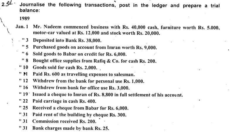 2.5L. Journalise the following transactions, post in the ledger and prepare a trial
balance:
1989
Jan. 1 Mr. Nadeem commenced business with Rs. 40,000 cash, furniture worth Rs. 5.000,
motor-car valued at Rs. 12,000 and stock worth Rs. 20,000.
"3 Deposited into Bank Rs. 38,000.
"5 Purchased goods on account from Imran worth Rs. 9,000.
"6 Sold goods to Babar on credit for Rs. 6,000.
" 8 Bought office supplies from Rafiq & Co. for cash Rs. 200.
10 Goods sold for cash Rs. 2,000.,
"N Paid Rs. 600 as travelling expenses to salesman.
%3D
" 12 Withdrew from the bank for personal use Rs. 1,000.
" 16 Withdrew from bank for office use Rs. 3,000.
" 19° Issued a cheque to Imran of Rs. 8,800 in full settlement of his account.
" 22 Paid carriage in cash Rs. 400.
" 25 Received a cheque from Babar for Rs. 6,000.
" 31 Paid rent of the building by cheque Rs. 300.
" 31 Commission received Rs. 200.
" 31 Bank charges made by bank Rs. 25.

