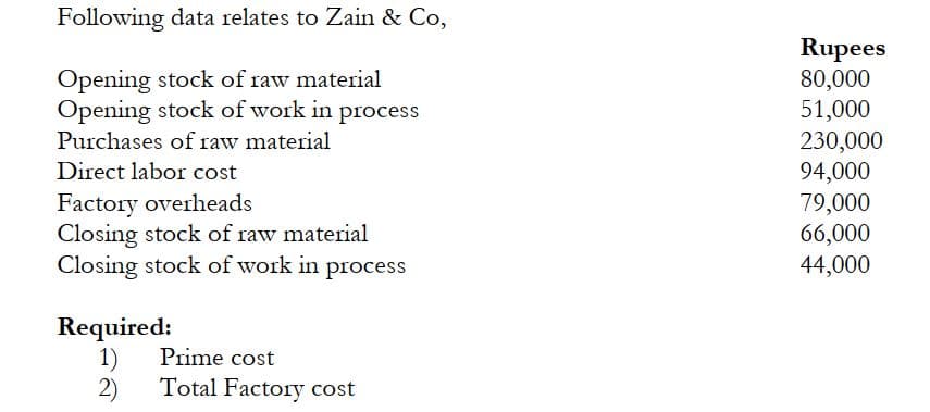 Following data relates to Zain & Co,
Rupees
80,000
51,000
230,000
94,000
79,000
66,000
44,000
Opening stock of raw material
Opening stock of work in process
Purchases of raw material
Direct labor cost
Factory overheads
Closing stock of raw material
Closing stock of work in process
Required:
1)
Total Factory cost
Prime cost
2)
