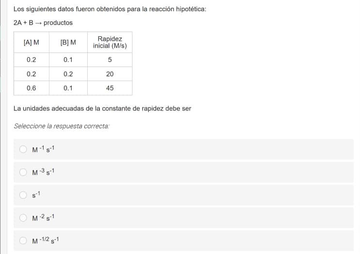 Los siguientes datos fueron obtenidos para la reacción hipotética:
2A + B - productos
[A] M
Rapidez
inicial (M/s)
[B] M
0.2
0.1
5
0.2
0.2
20
0.6
0.1
45
La unidades adecuadas de la constante de rapidez debe ser
Seleccione la respuesta correcta:
M-1 s-1
M-3 s-1
s-1
M-2 s-1
M -1/2 s-1
