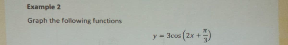 Example 2
Graph the following functions
y = 3cos (2x +
