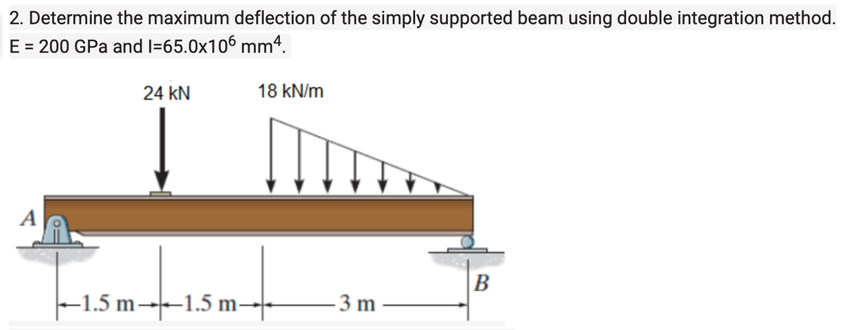 2. Determine the maximum deflection of the simply supported beam using double integration method.
E = 200 GPa and I=65.0x106 mm4.
24 kN
18 kN/m
A
-1.5 m--1.5 m-
3 m
