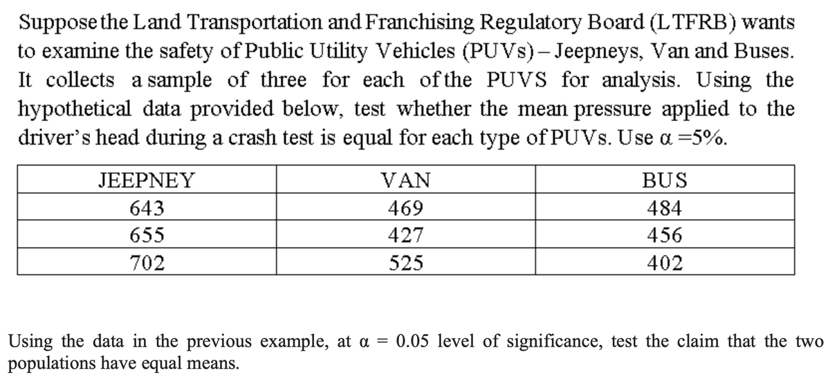 Suppose the Land Transportation and Franchising Regulatory Board (LTFRB) wants
to examine the safety of Public Utility Vehicles (PUVS)– Jeepneys, Van and Buses.
It collects a sample of three for each of the PUVS for analysis. Using the
hypothetical data provided below, test whether the mean pressure applied to the
driver's head during a crash test is equal for each type of PUVS. Use a =5%.
JEEPNEY
VAN
BUS
643
469
484
655
427
456
702
525
402
Using the data in the previous example, at a = 0.05 level of significance, test the claim that the two
populations have equal means.
