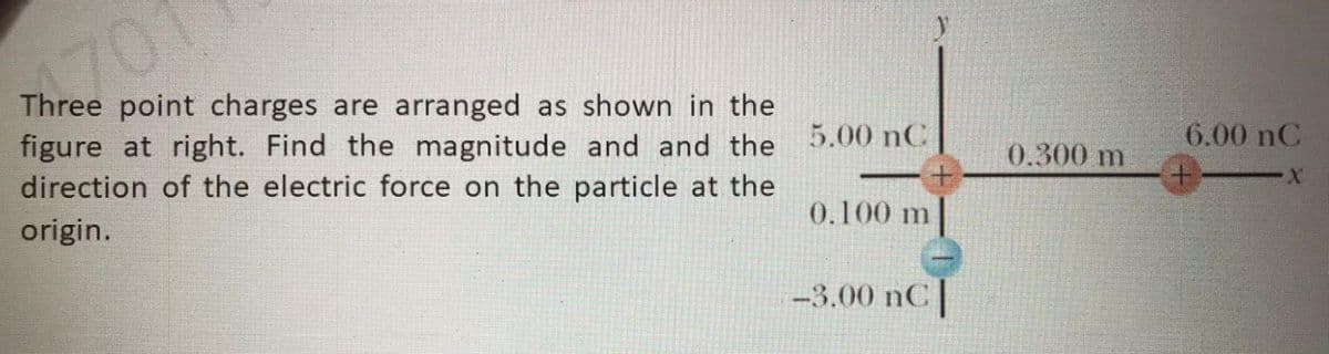 Three point charges are arranged as shown in the
figure at right. Find the magnitude and and the 5.00 nC
direction of the electric force on the particle at the
6.00 nC
0.300 m
x-
0.100 m
origin.
-3.00 nC
