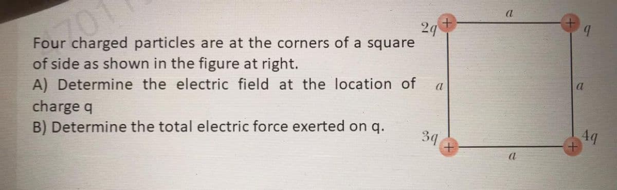 101
29
Four charged particles are at the corners of a square
of side as shown in the figure at right.
A) Determine the electric field at the location of
charge q
B) Determine the total electric force exerted on q.
39
44
