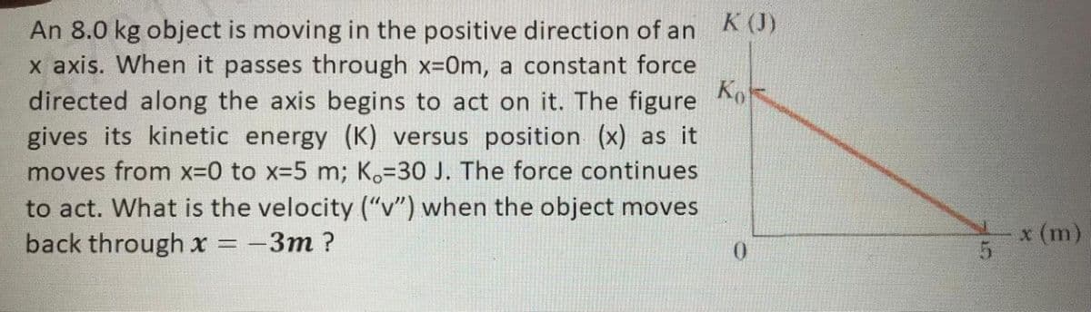 K (J)
An 8.0 kg object is moving in the positive direction of an
x axis. When it passes through x-0m, a constant force
directed along the axis begins to act on it. The figure o
gives its kinetic energy (K) versus position (x) as it
moves from x-0 to x-5 m; K.=30 J. The force continues
to act. What is the velocity (“v") when the object moves
back through x = -3m?
x (m)
0.
