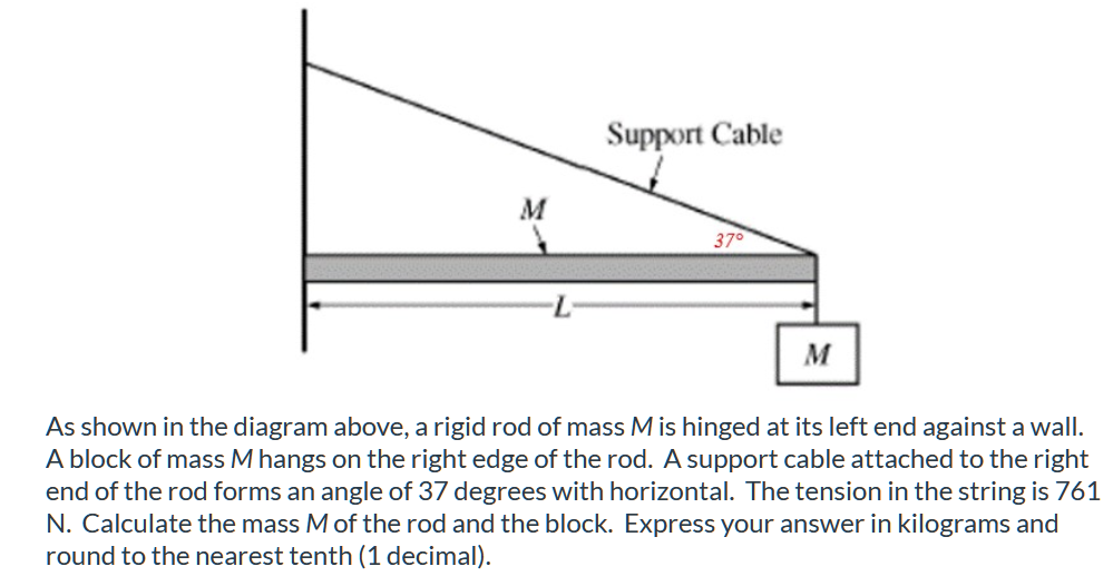 Support Cable
M
37°
M
As shown in the diagram above, a rigid rod of mass M is hinged at its left end against a wall.
A block of mass M hangs on the right edge of the rod. A support cable attached to the right
end of the rod forms an angle of 37 degrees with horizontal. The tension in the string is 761
N. Calculate the mass M of the rod and the block. Express your answer in kilograms and
round to the nearest tenth (1 decimal).
