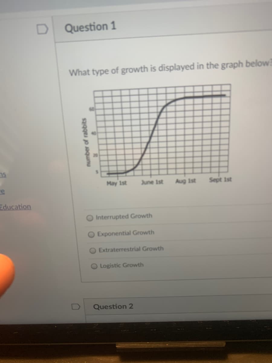 What type of growth is displayed in the graph below?
May 1st
June 1st
Aug 1st
Sept Ist
Interrupted Growth
O Exponential Growth
Extraterrestrial Growth
Logistic Growth
number of rabbits
0
