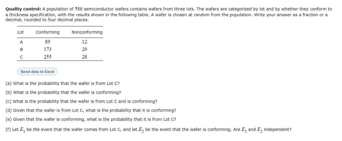 Quality control: A population of 586 semiconductor wafers contains wafers from three lots. The wafers are categorized by lot and by whether they conform to
a thickness specification, with the results shown in the following table. A wafer is chosen at random from the population. Write your answer as a fraction or a
decimal, rounded to four decimal places.
Lot
Conforming
Nonconforming
A
89
12
B
173
29
255
28
Send data to Excel
(a) What is the probability that the wafer is from Lot C?
(b) What is the probability that the wafer is conforming?
(c) What is the probability that the wafer is from Lot C and is conforming?
(d) Given that the wafer is from Lot C, what is the probability that it is conforming?
(e) Given that the wafer is conforming, what is the probability that it is from Lot C?
(f) Let E, be the event that the wafer comes from Lot C, and let E, be the event that the wafer is conforming. Are E, and E, independent?
