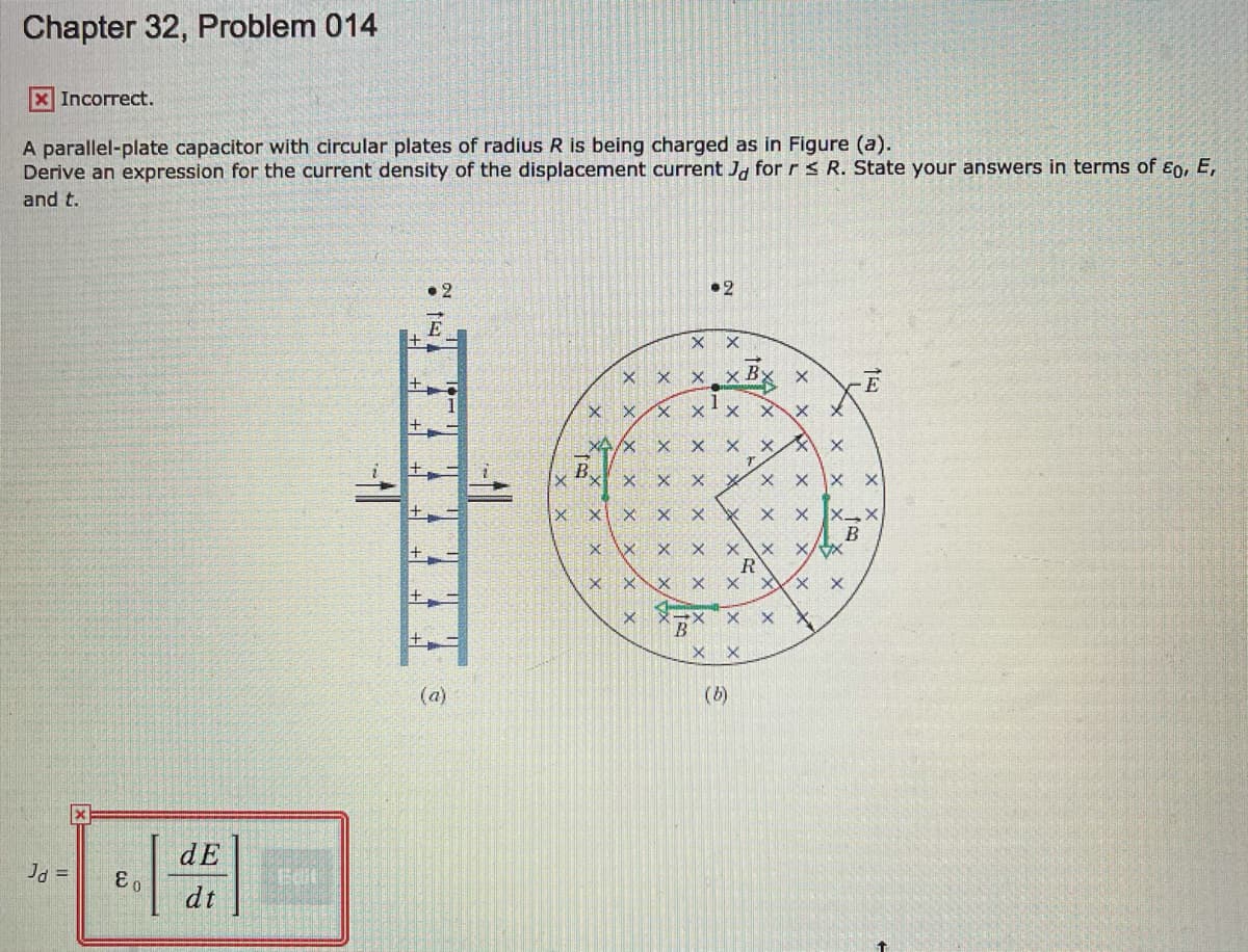 Chapter 32, Problem 014
X Incorrect.
A parallel-plate capacitor with circular plates of radius R is being charged as in Figure (a).
Derive an expression for the current density of the displacement current J, for r s R. State your answers in terms of ɛo, E,
and t.
2
•2
E
x B
B.
X x x X
x xX
B
X X
R
X X
X X
(a)
(b)
dE
Id =
Beit
dt
\x x x x
x Ix
X X X X
x x x xA
+1+T
