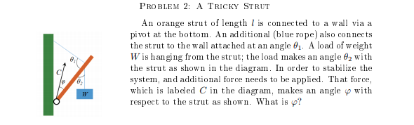 PRO BLEM 2: A TRICKY STRUT
An orange strut of length l is connected to a wall via a
pi vot at the bottom. An additional (blue rope) also connec ts
the strut to the wall attached at an angle 01. A load of weight
W is hanging from the strut; the load makes an angle 02 with
the strut as shown in the diagram. In order to stabilize the
system, and additional force needs to be applied. That force,
which is labeled C in the diagram, makes an angle p with
respect to the strut as shown. What is o?
