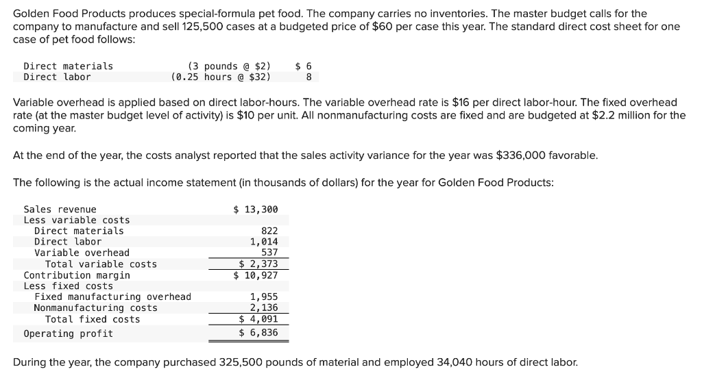 Golden Food Products produces special-formula pet food. The company carries no inventories. The master budget calls for the
company to manufacture and sell 125,500 cases at a budgeted price of $60 per case this year. The standard direct cost sheet for one
case of pet food follows:
Direct materials
Direct labor
Sales revenue
Less variable costs.
Variable overhead is applied based on direct labor-hours. The variable overhead rate is $16 per direct labor-hour. The fixed overhead
rate (at the master budget level of activity) is $10 per unit. All nonmanufacturing costs are fixed and are budgeted at $2.2 million for the
coming year.
At the end of the year, the costs analyst reported that the sales activity variance for the year was $336,000 favorable.
The following is the actual income statement (in thousands of dollars) for the year for Golden Food Products:
Direct materials
Direct labor
Variable overhead
Total variable costs
(3 pounds @ $2)
(0.25 hours @ $32)
Contribution margin
Less fixed costs
Fixed manufacturing overhead
Nonmanufacturing costs.
Total fixed costs
$ 13,300
822
1,014
537
$ 2,373
$ 10,927
$ 6
8
1,955
2,136
$4,091
$ 6,836
Operating profit
During the year, the company purchased 325,500 pounds of material and employed 34,040 hours of direct labor.