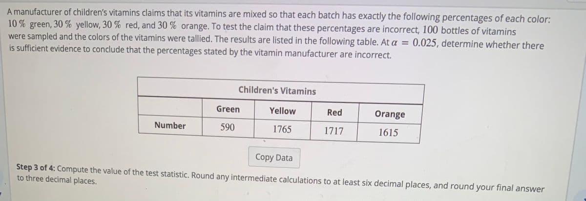 A manufacturer of children's vitamins claims that its vitamins are mixed so that each batch has exactly the following percentages of each color:
10 % green, 30 % yellow, 30 % red, and 30 % orange. To test the claim that these percentages are incorrect, 100 bottles of vitamins
were sampled and the colors of the vitamins were tallied. The results are listed in the following table. At a = 0.025, determine whether there
is sufficient evidence to conclude that the percentages stated by the vitamin manufacturer are incorrect.
Children's Vitamins
Green
Yellow
Red
Orange
Number
590
1765
1717
1615
Copy Data
Step 3 of 4: Compute the value of the test statistic. Round any intermediate calculations to at least six decimal places, and round your final answer
to three decimal places.
