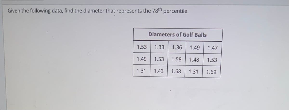 Given the following data, find the diameter that represents the 78th percentile.
Diameters of Golf Balls
1.53
1.33
1.36
1.49
1.47
1.49
1.53
1.58
1.48
1.53
1.31
1.43
1.68
1.31
1.69
