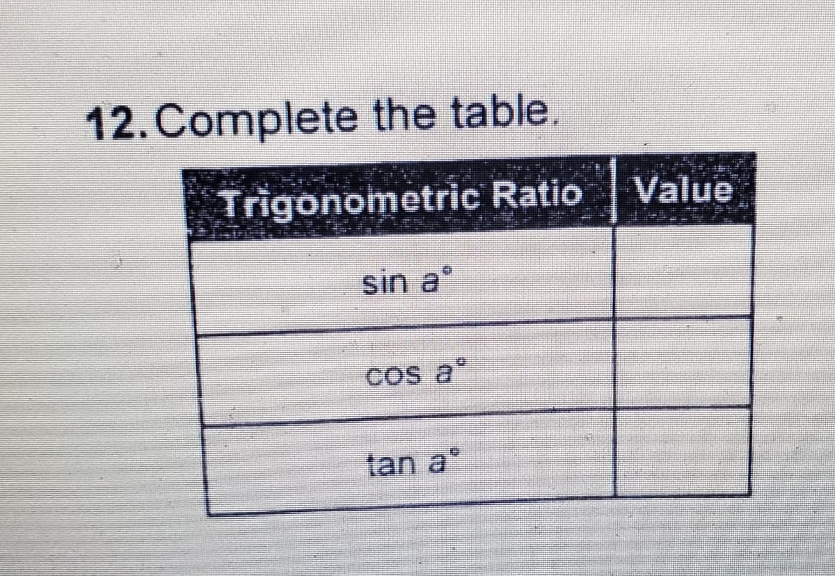 12. Complete the table.
Trigonometric Ratio
Value
sin a
Cos a
tan a°
