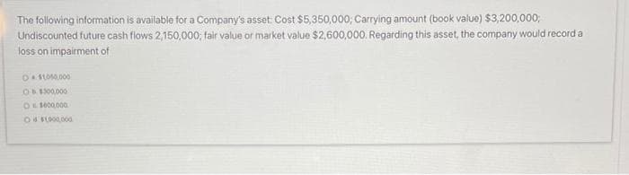 The following information is available for a Company's asset: Cost $5,350,000; Carrying amount (book value) $3,200,000;
Undiscounted future cash flows 2,150,000, fair value or market value $2,600,000. Regarding this asset, the company would record a
loss on impairment of
OLO0.000
OBE00.000
OL 1000.000
