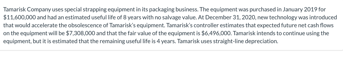 Tamarisk Company uses special strapping equipment in its packaging business. The equipment was purchased in January 2019 for
$11,600,000 and had an estimated useful life of 8 years with no salvage value. At December 31, 2020, new technology was introduced
that would accelerate the obsolescence of Tamarisk's equipment. Tamarisk's controller estimates that expected future net cash flows
on the equipment will be $7,308,000 and that the fair value of the equipment is $6,496,000. Tamarisk intends to continue using the
equipment, but it is estimated that the remaining useful life is 4 years. Tamarisk uses straight-line depreciation.
