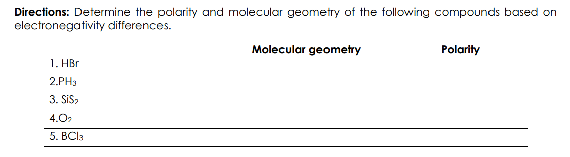 Directions: Determine the polarity and molecular geometry of the following compounds based on
electronegativity differences.
Molecular geometry
Polarity
1. HBr
2.PH3
3. SiS2
4.02
5. BСз
