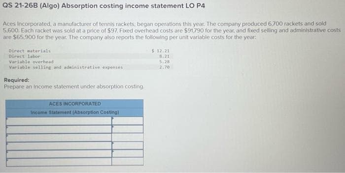 QS 21-26B (Algo) Absorption costing income statement LO P4
Aces Incorporated, a manufacturer of tennis rackets, began operations this year. The company produced 6,700 rackets and sold
5,600. Each racket was sold at a price of $97. Fixed overhead costs are $91,790 for the year, and fixed selling and administrative costs
are $65,900 for the year. The company also reports the following per unit variable costs for the year:
Direct materials
Direct labor
Variable overhead
Variable selling and administrative expenses
Required:
Prepare an income statement under absorption costing.
ACES INCORPORATED
Income Statement (Absorption Costing)
$ 12.21
8.21
5.28
2.70