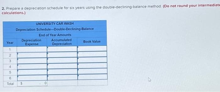 2. Prepare a depreciation schedule for six years using the double-declining-balance method. (Do not round your intermediate
calculations.)
Year
1
2
3
4
5
6
Total
UNIVERSITY CAR WASH
Depreciation Schedule-Double-Declining-Balance
End of Year Amounts
Depreciation
Expense
$
Accumulated
Depreciation
Book Value