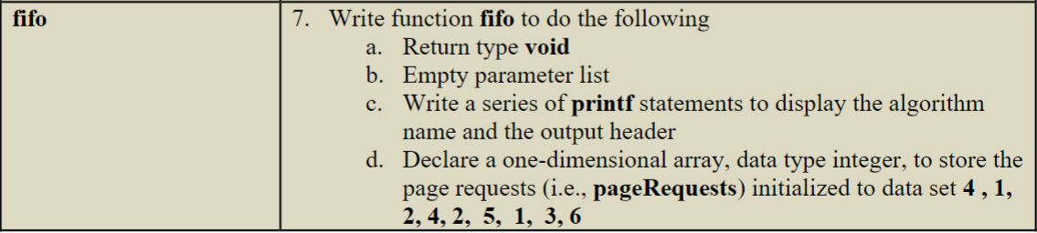 fifo
7. Write function fifo to do the following
a. Return type void
b.
c.
d.
Empty parameter list
Write a series of printf statements to display the algorithm
name and the output header
Declare a one-dimensional array, data type integer, to store the
page requests (i.e., pageRequests) initialized to data set 4, 1,
2, 4, 2, 5, 1, 3, 6