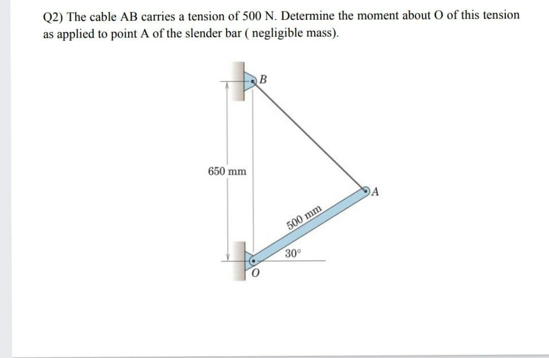 Q2) The cable AB carries a tension of 500 N. Determine the moment about O of this tension
as applied to point A of the slender bar ( negligible mass).
B
650 mm
9A
500 mm
30°
