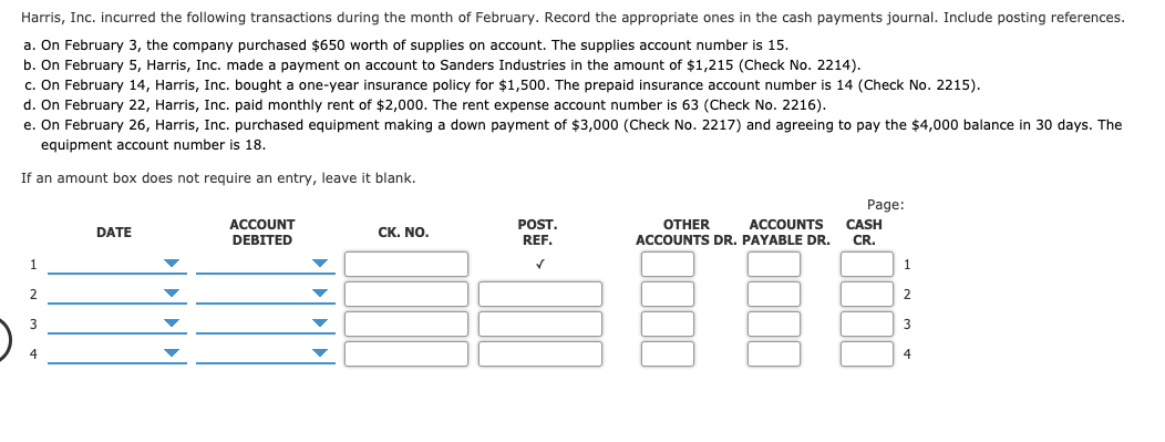 Harris, Inc. incurred the following transactions during the month of February. Record the appropriate ones in the cash payments journal. Include posting references.
a. On February 3, the company purchased $650 worth of supplies on account. The supplies account number is 15.
b. On February 5, Harris, Inc. made a payment on account to Sanders Industries in the amount of $1,215 (Check No. 2214).
c. On February 14, Harris, Inc. bought a one-year insurance policy for $1,500. The prepaid insurance account number is 14 (Check No. 2215).
d. On February 22, Harris, Inc. paid monthly rent of $2,000. The rent expense account number is 63 (Check No. 2216).
e. On February 26, Harris, Inc. purchased equipment making a down payment of $3,000 (Check No. 2217) and agreeing to pay the $4,000 balance in 30 days. The
equipment account number is 18.
If an amount box does not require an entry, leave it blank.
Page:
OTHER
ACCOUNT
DEBITED
CK. NO.
POST.
ACCOUNTS
CASH
REF.
ACCOUNTS DR. PAYABLE DR.
CR.
DATE
1.
3
