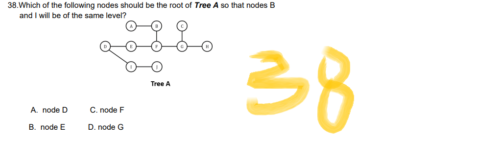 38. Which of the following nodes should be the root of Tree A so that nodes B
and I will be of the same level?
Tree A
A. node D
C. node F
B. node E
D. node G
38
