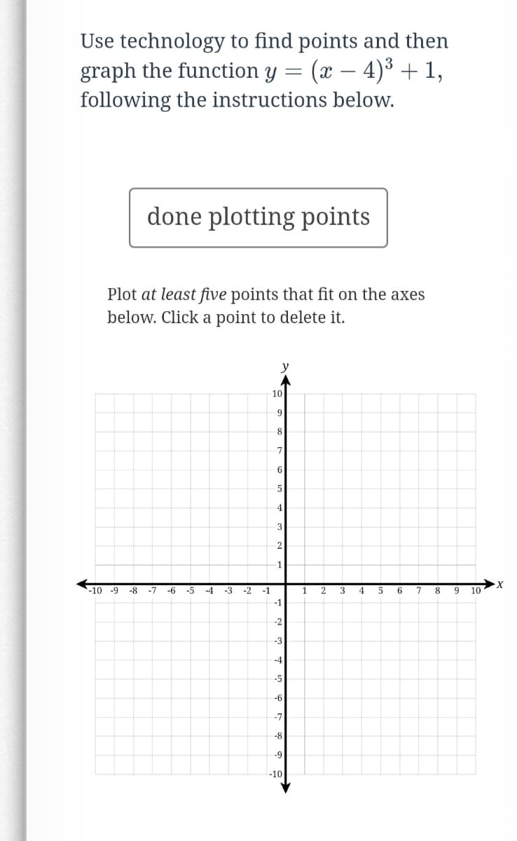 Use technology to find points and then
graph the function y = (x − 4)³ + 1,
following the instructions below.
done plotting points
Plot at least five points that fit on the axes
below. Click a point to delete it.
-10 -9
-8 -7
-6
-5
-4
-3 -2 -1
y
10
9
8
-7
6
5
4
3
2
1
-1
-2
-3
-4
-5
-6
-7
-8
-9
-10
1
2
3
4
5
6
7
8
9 10
X