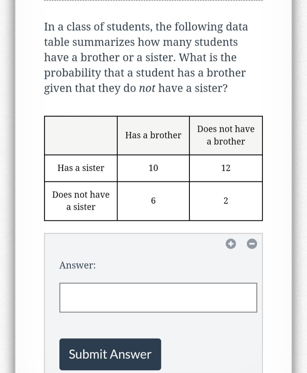 In a class of students, the following data
table summarizes how many students
have a brother or a sister. What is the
probability that a student has a brother
given that they do not have a sister?
Has a sister
Does not have
a sister
Answer:
Has a brother
10
6
Submit Answer
Does not have
a brother
12
2
+