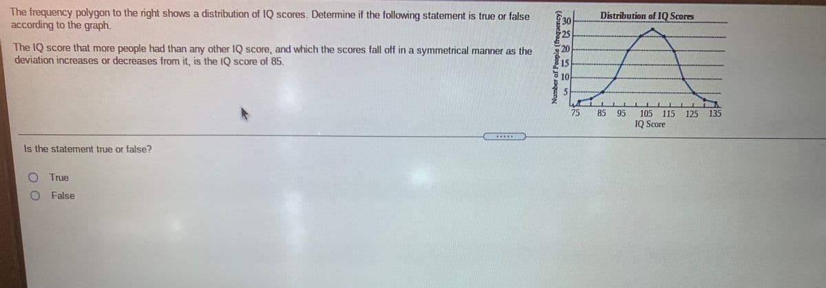 The frequency polygon to the right shows a distribution of IQ scores. Determine if the following statement is true or false
according to the graph.
Distribution of IQ Scores
30
25
The IQ score that more people had than any other IQ score, and which the scores fall off in a symmetrical manner as the
deviation increases or decreases from it, is the 1Q score of 85.
20
15
10
75 85 95
105 115
125 135
IQ Score
Is the statement true or false?
O True
O False
Number of People (froquency)
