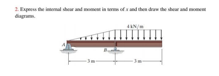 2. Express the internal shear and moment in terms of x and then draw the shear and moment
diagrams.
4 kN/m
B-
- 3 m
- 3 m
