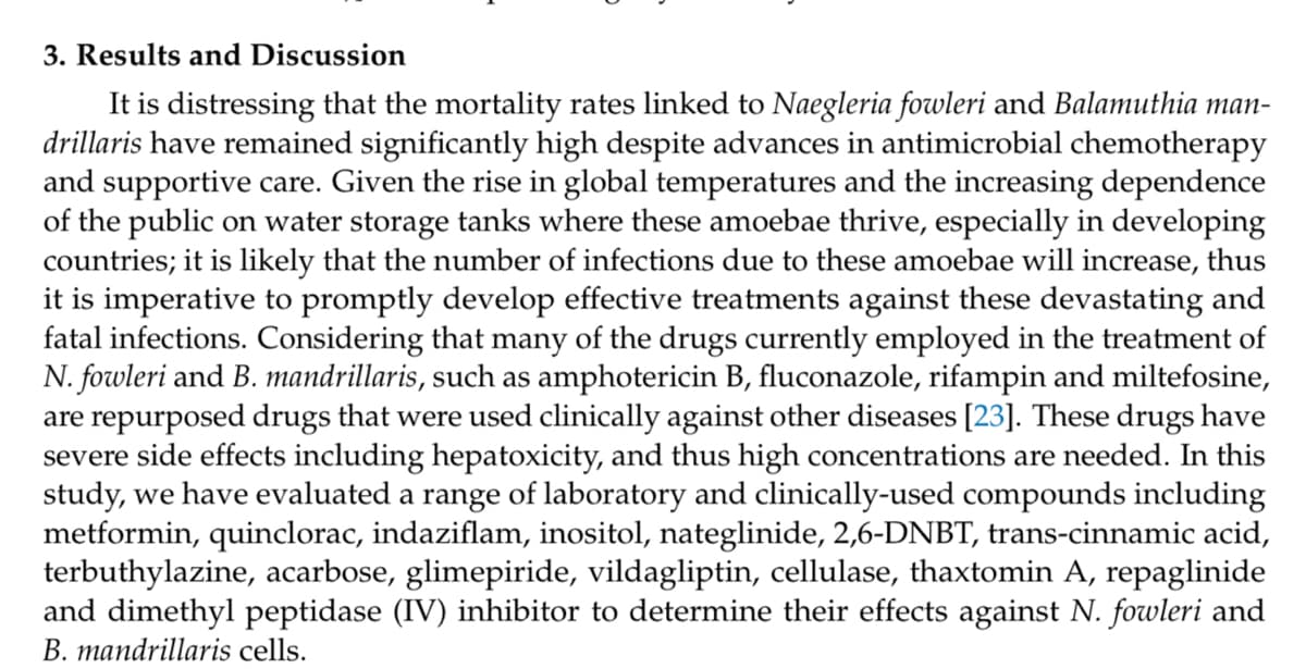 3. Results and Discussion
It is distressing that the mortality rates linked to Naegleria fowleri and Balamuthia man-
drillaris have remained significantly high despite advances in antimicrobial chemotherapy
and supportive care. Given the rise in global temperatures and the increasing dependence
of the public on water storage tanks where these amoebae thrive, especially in developing
countries; it is likely that the number of infections due to these amoebae will increase, thus
it is imperative to promptly develop effective treatments against these devastating and
fatal infections. Considering that many of the drugs currently employed in the treatment of
N. fowleri and B. mandrillaris, such as amphotericin B, fluconazole, rifampin and miltefosine,
are repurposed drugs that were used clinically against other diseases [23]. These drugs have
severe side effects including hepatoxicity, and thus high concentrations are needed. In this
study, we have evaluated a range of laboratory and clinically-used compounds including
metformin, quinclorac, indaziflam, inositol, nateglinide, 2,6-DNBT, trans-cinnamic acid,
terbuthylazine, acarbose, glimepiride, vildagliptin, cellulase, thaxtomin A, repaglinide
and dimethyl peptidase (IV) inhibitor to determine their effects against N. fowleri and
B. mandrillaris cells.