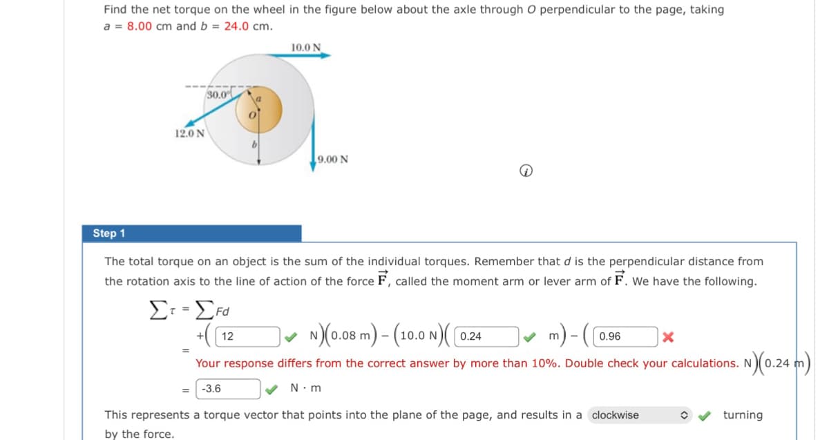 Find the net torque on the wheel in the figure below about the axle through O perpendicular to the page, taking
a = 8.00 cm and b = 24.0 cm.
12.0 N
30.0
Fd
Στ - Στα
+(C
12
=
10.0 N
Step 1
The total torque on an object is the sum of the individual torques. Remember that d is the perpendicular distance from
the rotation axis to the line of action of the force F, called the moment arm or lever arm of F. We have the following.
9.00 N
-3.6
Ⓡ
N(0.08 m)-(10.0 N)(0.24
X
Your response differs from the correct answer by more than 10%. Double check your calculations. N
N.m
0.96
This represents a torque vector that points into the plane of the page, and results in a clockwise
by the force.
✪
N)(0.24 m)
turning