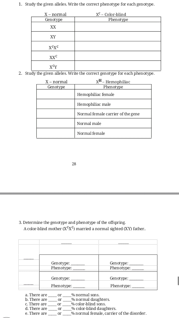 1. Study the given alleles. Write the correct phenotype for each genotype.
X – normal
Gen otype
xC - Color-blind
Phenotype
XX
XY
XXC
xCY
2. Study the given alleles. Write the correct genotype for each phenotype.
xH - Hemophiliac
Phenotype
X- normal
Gen otype
Hemophiliac female
Hemophiliac male
Normal female carrier of the gene
Normal male
Normal female
28
3. Determine the genotype and phenotype of the offspring.
A color-blind mother (XCx) married a normal sighted (XY) father.
Genotype:
Phenotype:
Genotype:
Phenotype:
Genotype:
Genotype:
Phenotype:
Phenotype:
a. There are
b. There are
c. There are
d. There are
% normal sons.
% normal daughters.
% color-blind sons.
% color-blind daughters.
% normal female, carrier of the disorder.
or
or
or
or
e. There are
or
