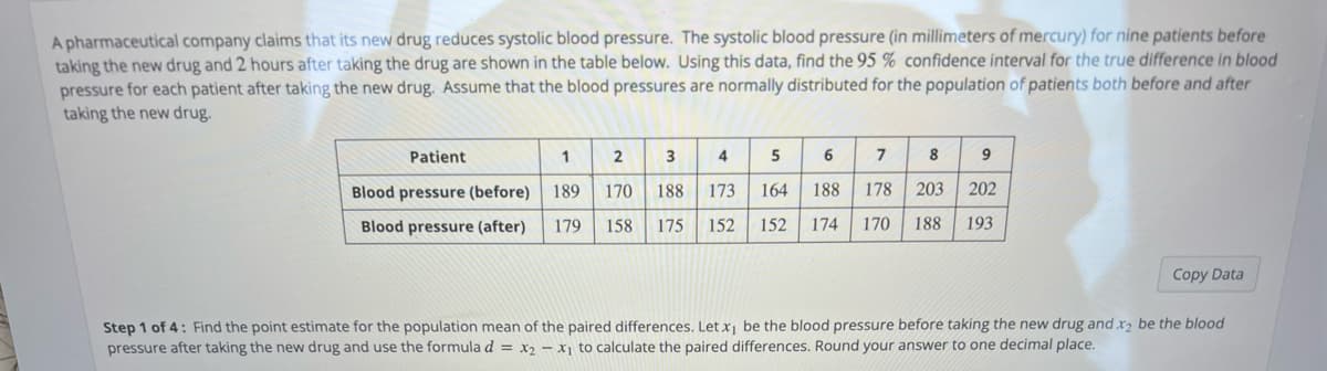 A pharmaceutical company claims that its new drug reduces systolic blood pressure. The systolic blood pressure (in millimeters of mercury) for nine patients before
taking the new drug and 2 hours after taking the drug are shown in the table below. Using this data, find the 95 % confidence interval for the true difference in blood
pressure for each patient after taking the new drug. Assume that the blood pressures are normally distributed for the population of patients both before and after
taking the new drug.
Patient
1
2
3
4
5
8
9
Blood pressure (before)
189
170
188
173
164
188
178
203
202
Blood pressure (after)
179
158
175
152
152
174
170
188
193
Copy Data
Step 1 of 4: Find the point estimate for the population mean of the paired differences. Let x¡ be the blood pressure before taking the new drug and x2 be the blood
pressure after taking the new drug and use the formulad = x, – x to calculate the paired differences. Round your answer to one decimal place.
