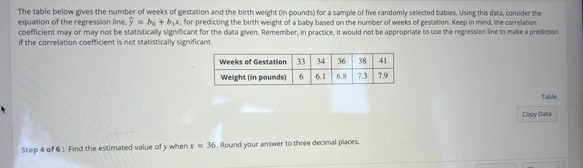 The table below gives the number of weeks of gestation and the birth weight (in pounds) for a sample of five randomly selected babies. Using this data, consider the
equation of the regression line, y = bo + b1x, for predicting the birth weight of a baby based on the number of weeks of gestation. Keep in mind, the correlation
coefficient may or may not be statistically significant for the data given. Remember, in practice, it would not be appropriate to use the regression line to make a prediction
if the correlation coefficient is not statistically significant.
Weeks of Gestation
33
34
36
38
41
Weight (in pounds)
6
6.1
6.8
7.3
7.9
Table
Copy Data
Step 4 of 6: Find the estimated value of y when x = 36. Round your answer to three decimal places.
