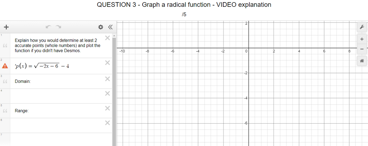 QUESTION 3 - Graph a radical function - VIDEO explanation
15
+
Explain how you would determine at least 2
66
accurate points (whole numbers) and plot the
function if you didn't have Desmos.
-10
-8
-6
-4
-2
6
8
2
A 'p(x) = v-2x – 6 – 4
-2-
3
Domain:
4
Range:
6
7
