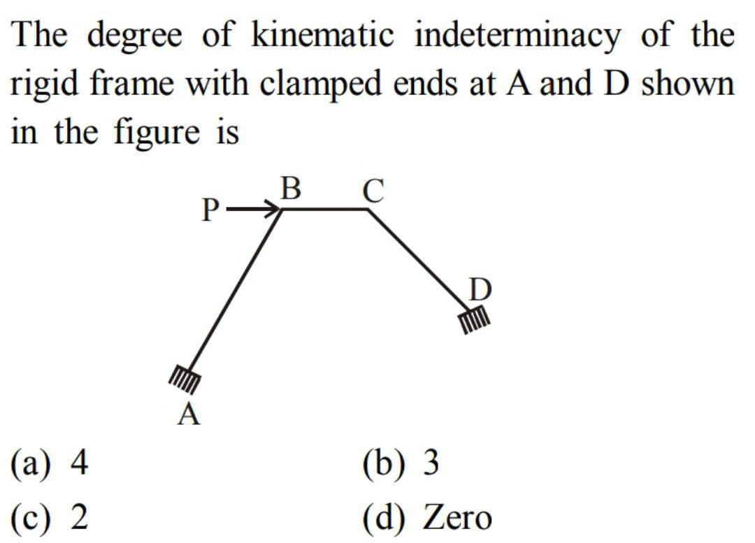 The degree of kinematic indeterminacy of the
rigid frame with clamped ends at A and D shown
in the figure is
(a) 4
(c) 2
P→
A
B C
D
(b) 3
(d) Zero