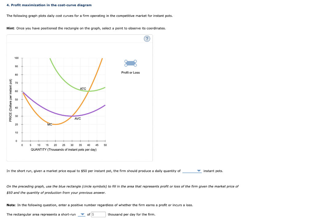 4. Profit maximization in the cost-curve diagram
The following graph plots daily cost curves for a firm operating in the competitive market for instant pots.
Hint: Once you have positioned the rectangle on the graph, select a point to observe its coordinates.
PRICE (Dollars per instant pot)
100
90
80
70
60
50
40
30
20
10
0
0
MC
ATC
AVC
5 10 15 20 25 30
QUANTITY (Thousands of instant pots per day)
35 40 45 50
Profit or Loss
(?
In the short run, given a market price equal to $50 per instant pot, the firm should produce a daily quantity of
instant pots.
On the preceding graph, use the blue rectangle (circle symbols) to fill in the area that represents profit or loss of the firm given the market price of
$50 and the quantity of production from your previous answer.
Note: In the following question, enter a positive number regardless of whether the firm earns a profit or incurs a loss.
The rectangular area represents a short-run
of $
thousand per day for the firm.