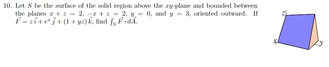 10. Let S be the surface of the solid region above the ry-plane and bounded between
the planes x + z = 2, –x + z = 2, y = 0, and y = 3, oriented outward. If
F = zi+e" j+ (1+ y2) k, find fg F .dÃ.
