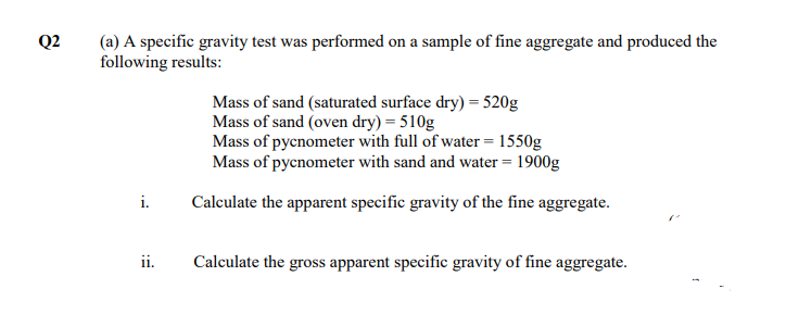 Q2
(a) A specific gravity test was performed on a sample of fine aggregate and produced the
following results:
Mass of sand (saturated surface dry) = 520g
Mass of sand (oven dry) = 510g
Mass of pycnometer with full of water = 1550g
Mass of pycnometer with sand and water = 1900g
i.
Calculate the apparent specific gravity of the fine aggregate.
ii.
Calculate the gross apparent specific gravity of fine aggregate.
