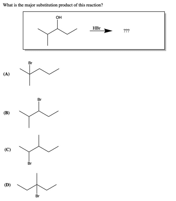What is the major substitution product of this reaction?
(A)
(B)
(C)
(D)
Br
Br
Y
Br
Br
OH
HBr
???