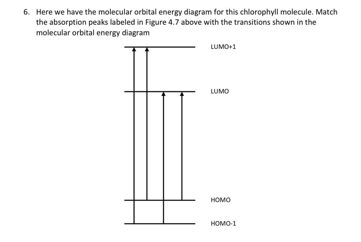 6. Here we have the molecular orbital energy diagram for this chlorophyll molecule. Match
the absorption peaks labeled in Figure 4.7 above with the transitions shown in the
molecular orbital energy diagram
LUMO+1
LUMO
HOMO
НОМО-1
