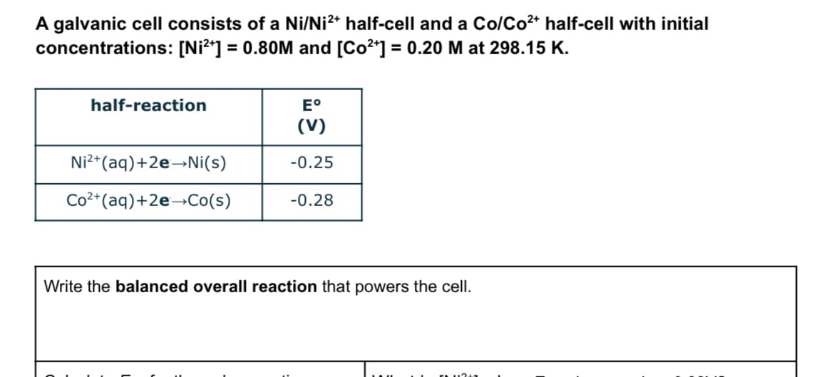 A galvanic cell consists of a Ni/Ni²+ half-cell and a Co/Co²+ half-cell with initial
concentrations: [Ni²+] = 0.80M and [Co²+] = 0.20 M at 298.15 K.
half-reaction
Eº
(V)
Ni²+ (aq) +2e→Ni(s)
-0.25
Co²+ (aq) +2e→Co(s)
-0.28
Write the balanced overall reaction that powers the cell.
112+7