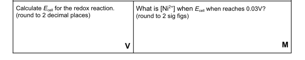 Calculate Ecell for the redox reaction.
(round to 2 decimal places)
What is [Ni²+] when Ecell when reaches 0.03V?
(round to 2 sig figs)
V
M