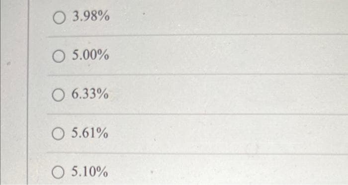 O 3.98%
O 5.00%
O 6.33%
O 5.61%
O 5.10%
