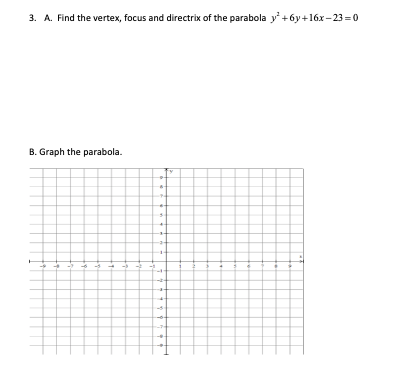 3. A. Find the vertex, focus and directrix of the parabola y+6y+16x - 23 =0
B. Graph the parabola.
