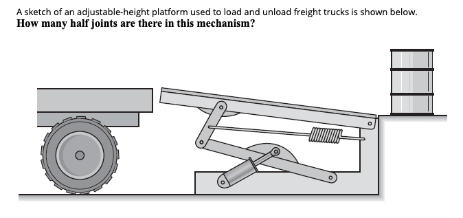 A sketch of an adjustable-height platform used to load and unload freight trucks is shown below.
How many half joints are there in this mechanism?
